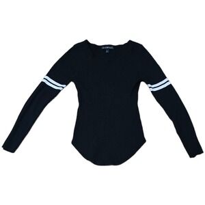 Derek Heart Womens Black Ribbed Knit Long Sleeve Top Varsity Stripe Large